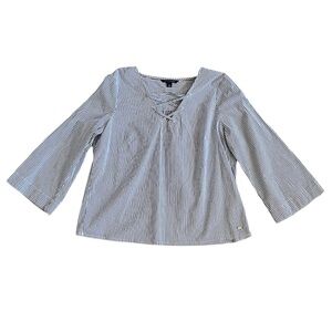 Tommy Hilfiger Blue White Stripe Nautical Top w Lace Up Vneck Blouse Size Medium